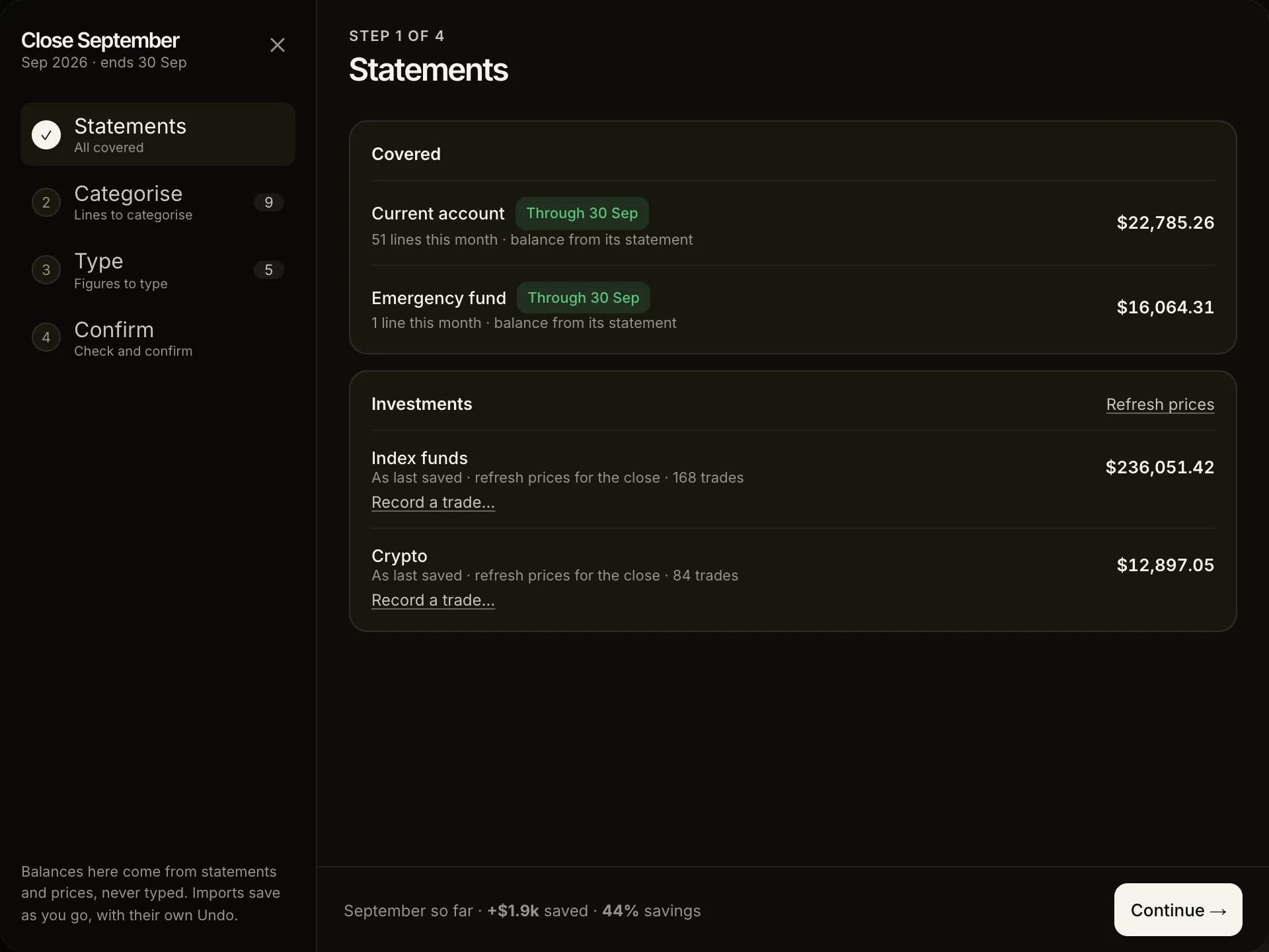 Lume monthly close - the Statements step, each account with how far its statement reaches and the balance it gives
