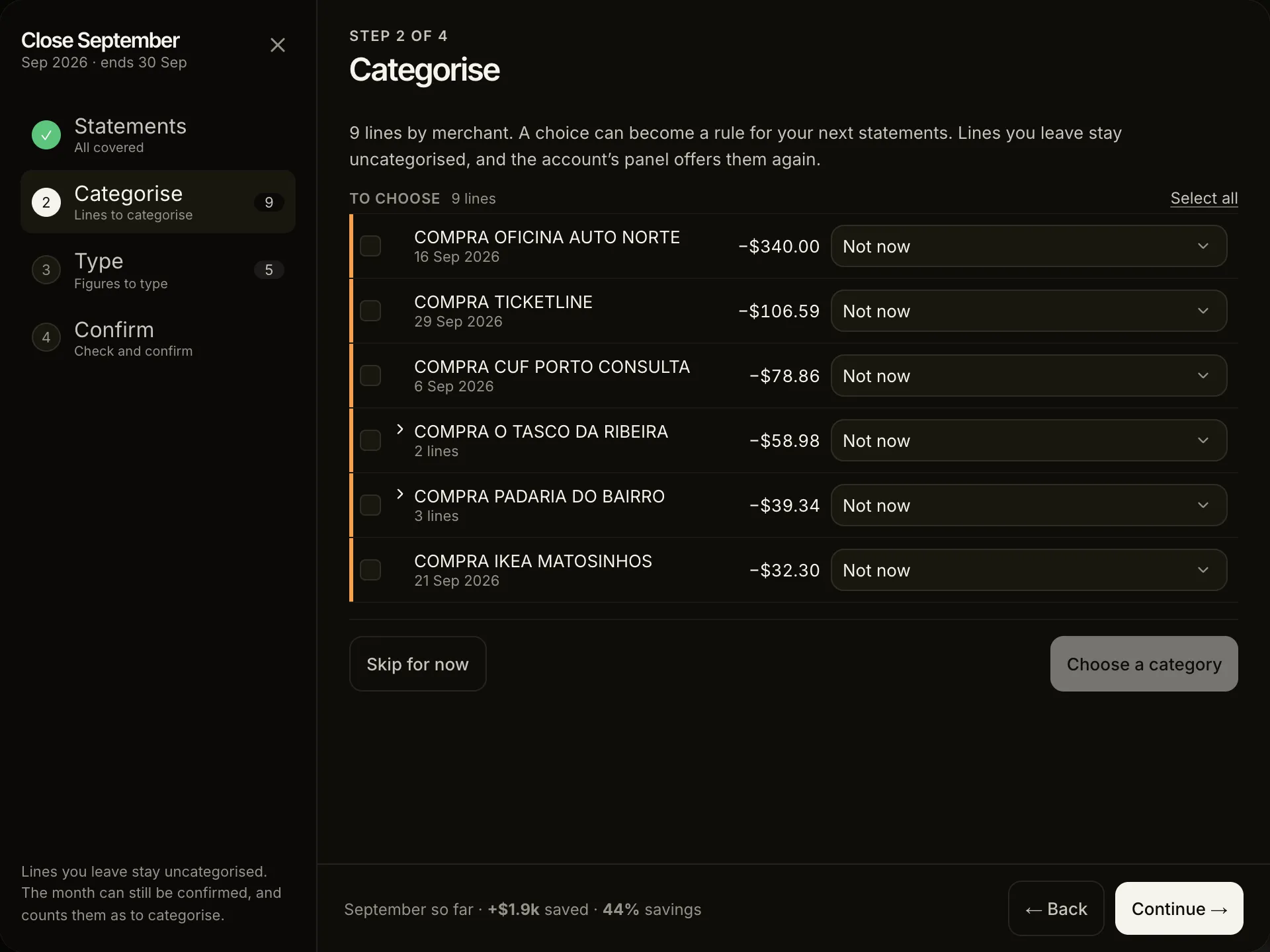 Lume monthly close - the Categorise step, the lines Lume has no rule for, grouped by merchant