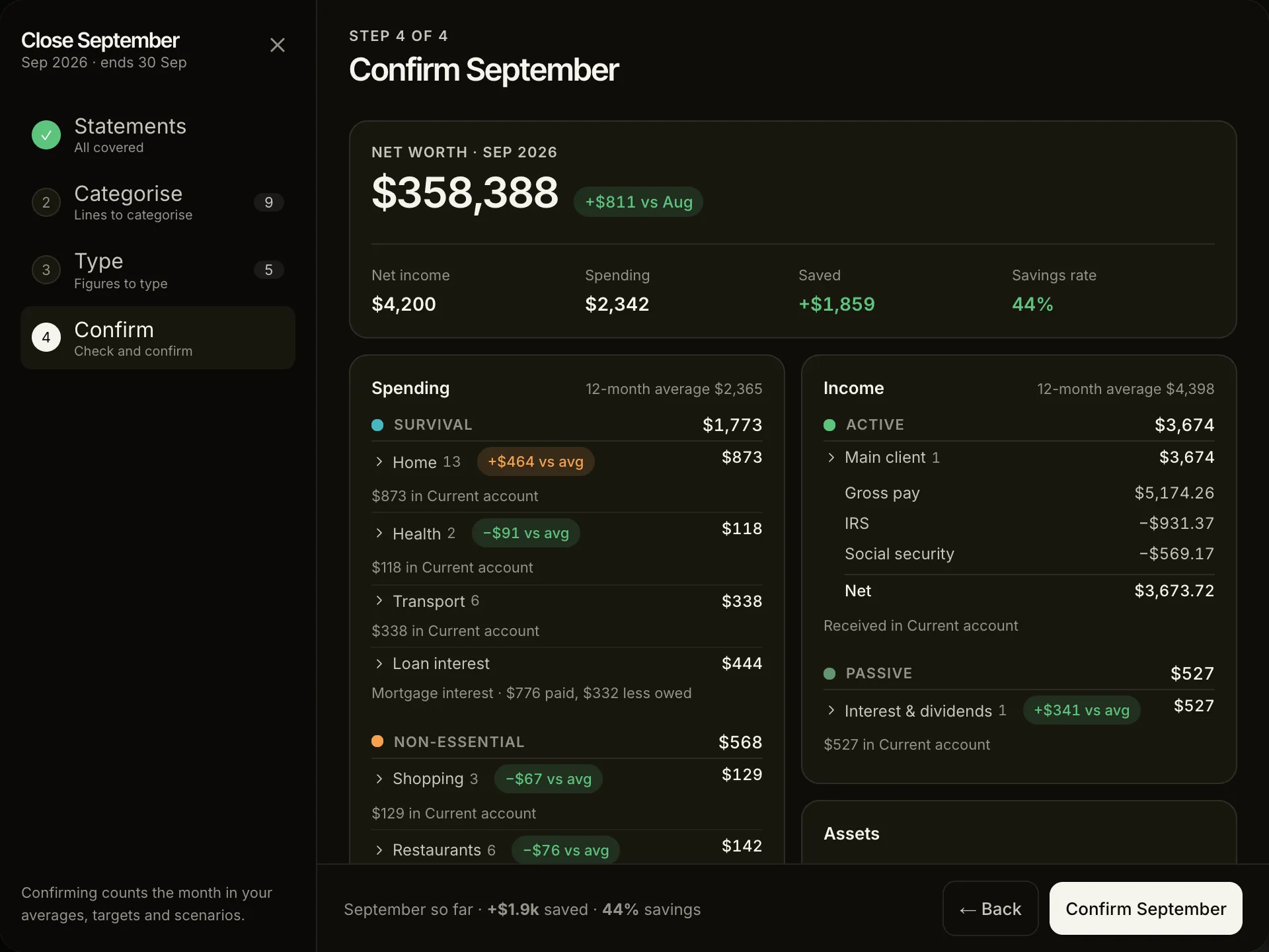Lume monthly close - the Confirm step: net worth against last month, the savings rate, and each figure with where it came from