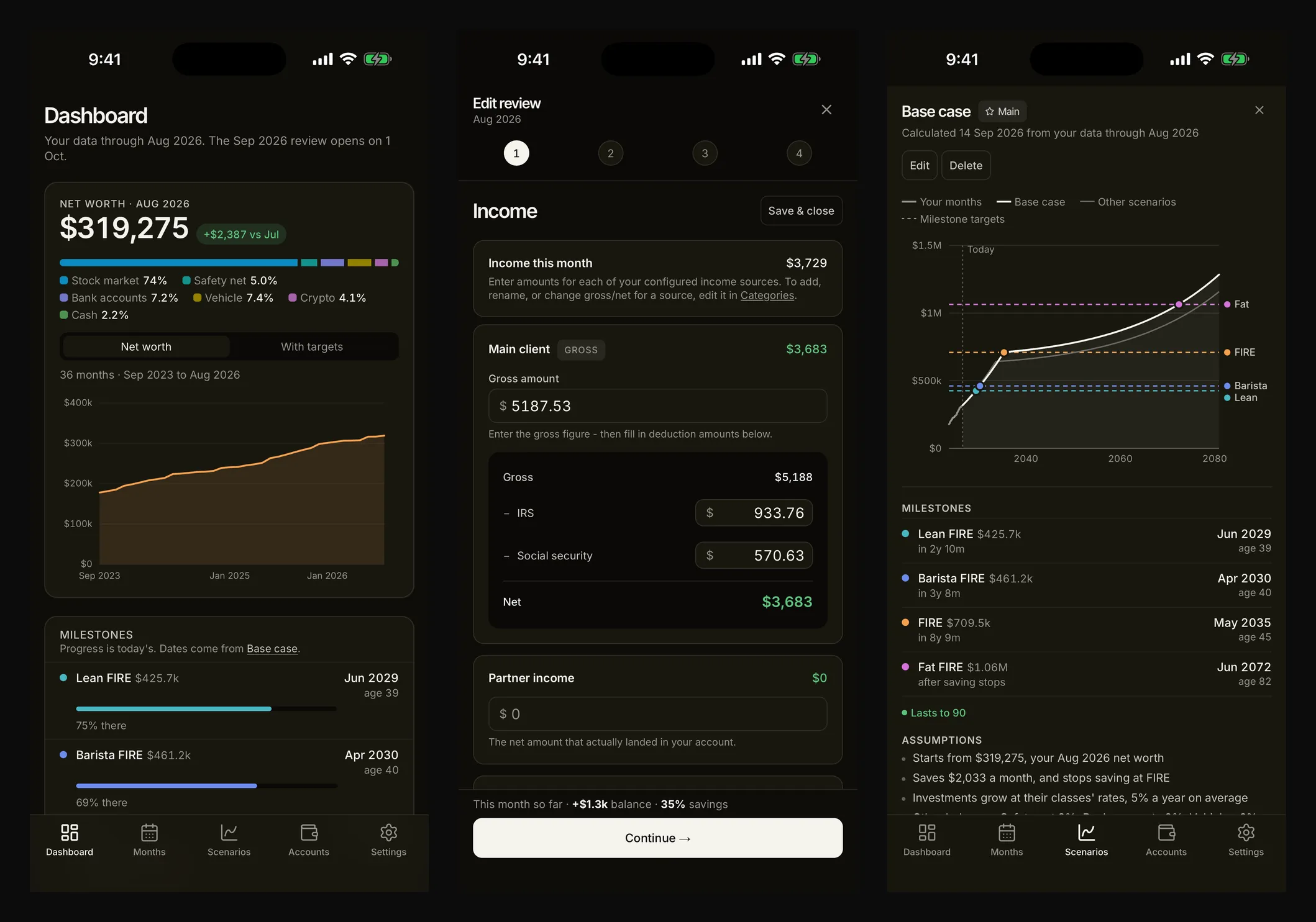 Lume 1.4 on iPhone - the dashboard, the monthly close and a scenario