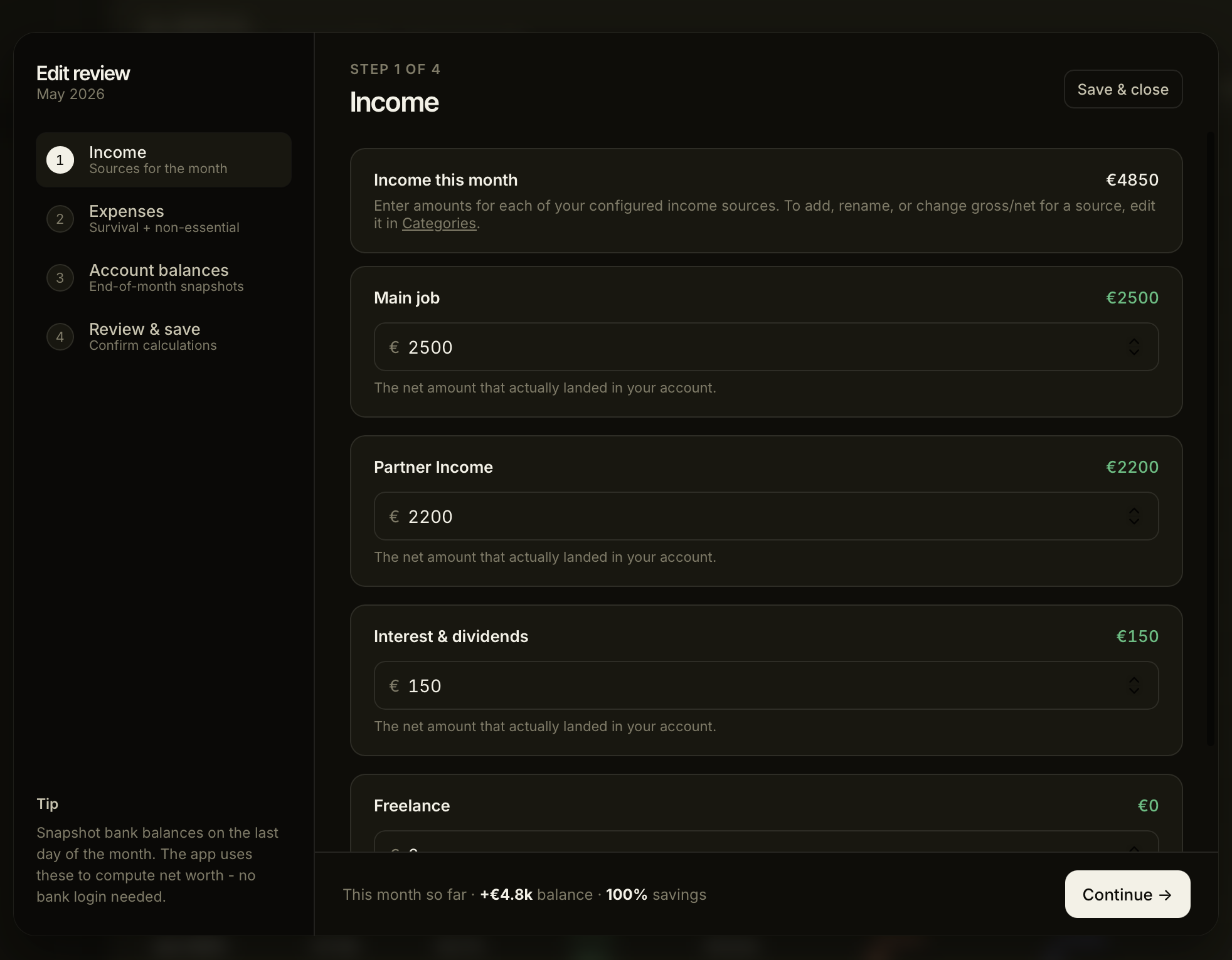 Lume monthly review — income sources screen