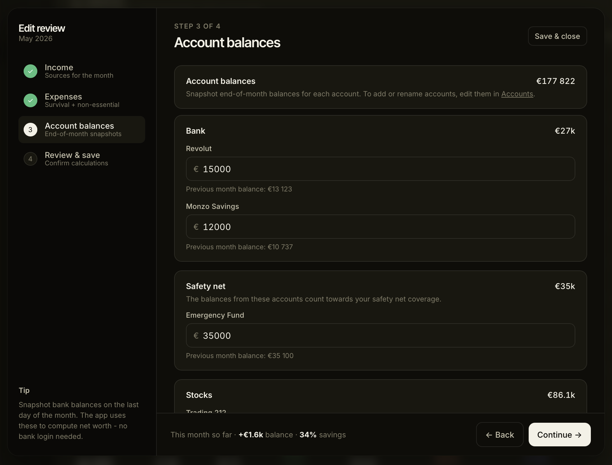 Lume monthly review — accounts screen